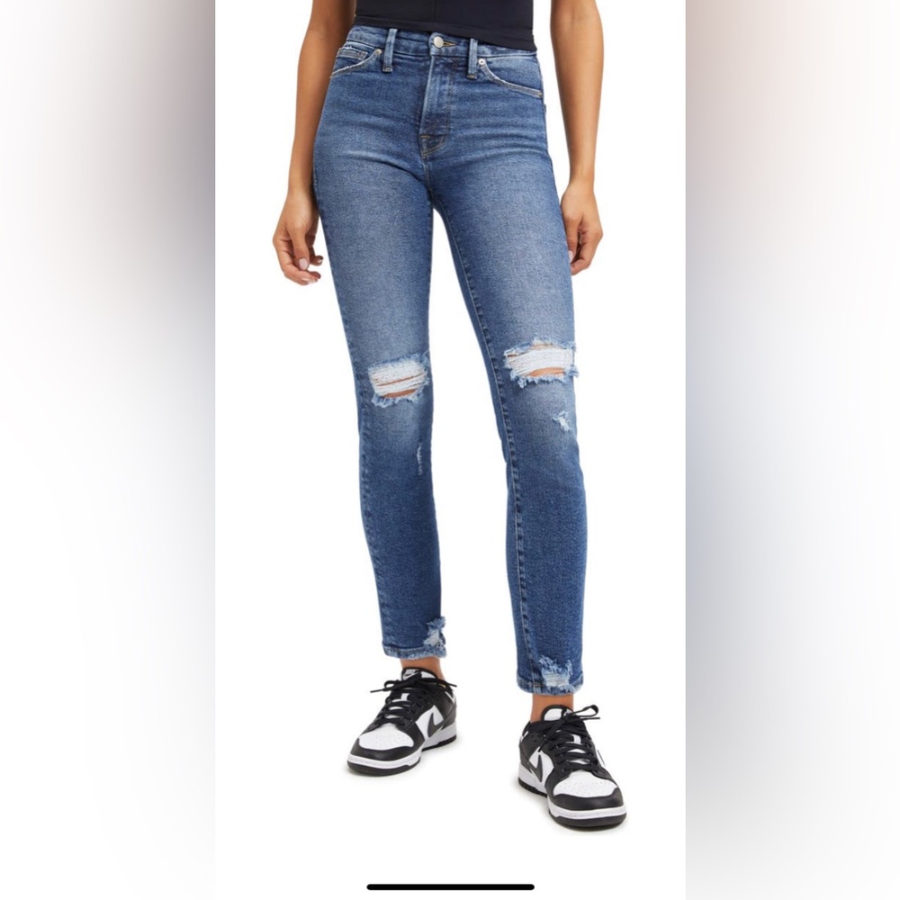 Good American Distressed High Rise Straight Leg Jeans, Indigo128, Size 8/29